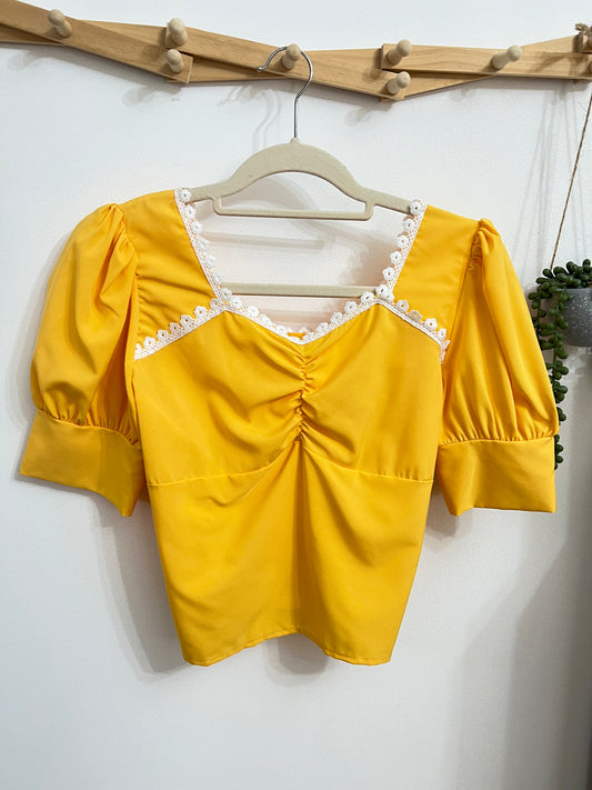 Yellow Top with a White Floral Lace